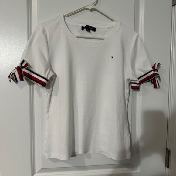 TOMMY HILFIGER TOP WITH RED/WHITE/BLUE TIE SLEEVES - Picture 1 of 3